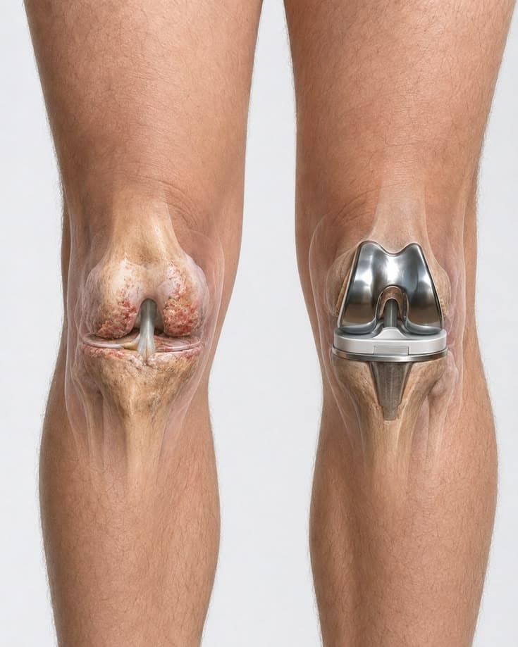 Illustration comparing a knee joint with an artificial knee implant
