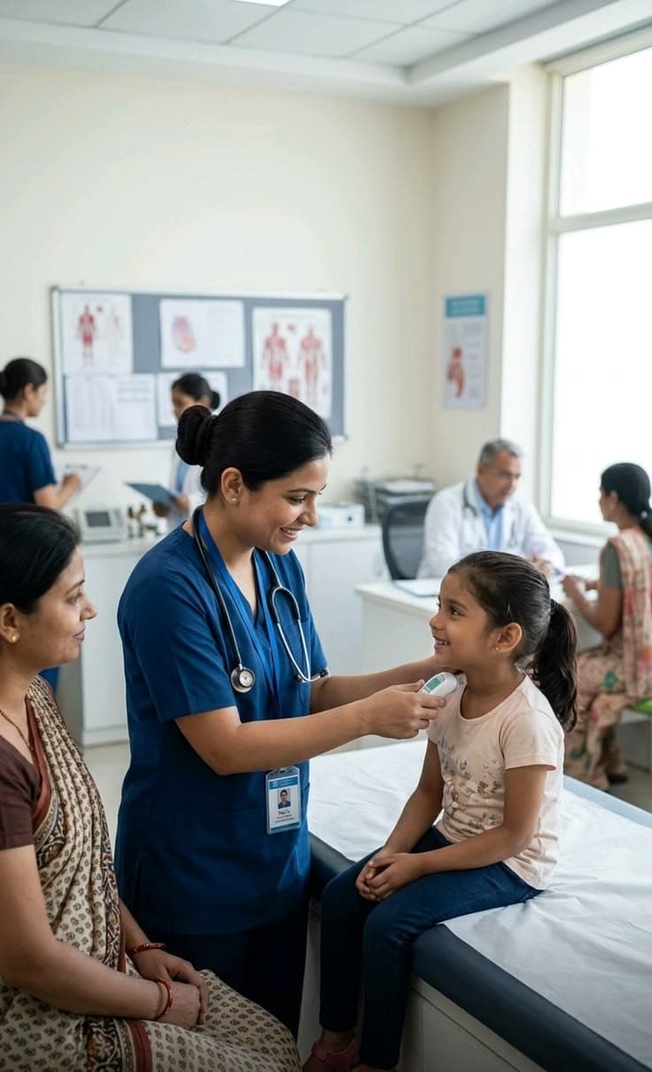 Illustrative image of a clinician examining a child with a parent present