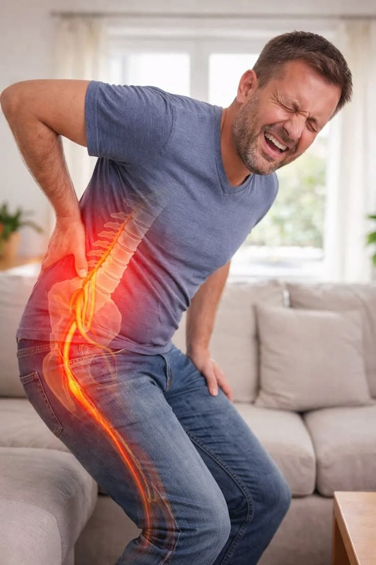 Illustrative image showing pain travelling from the lower back into a leg