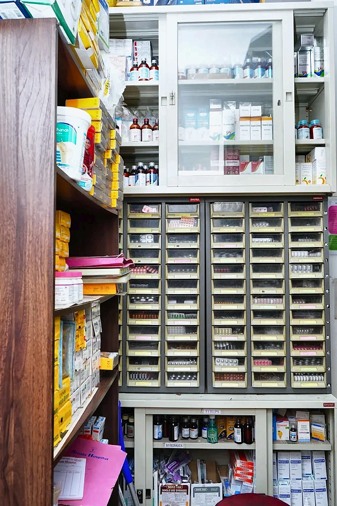 Pharmacy and storage at Sruthi Hospital, Sivakasi